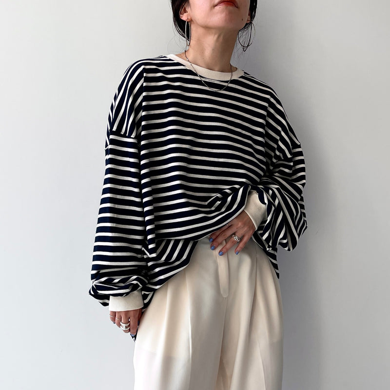希少✨Nahyat ナヤット　ウール×リネン　ボーダー　長袖　n-041 高身長 綿混ゆったりシルエット長袖ボーダーカットソー（トール