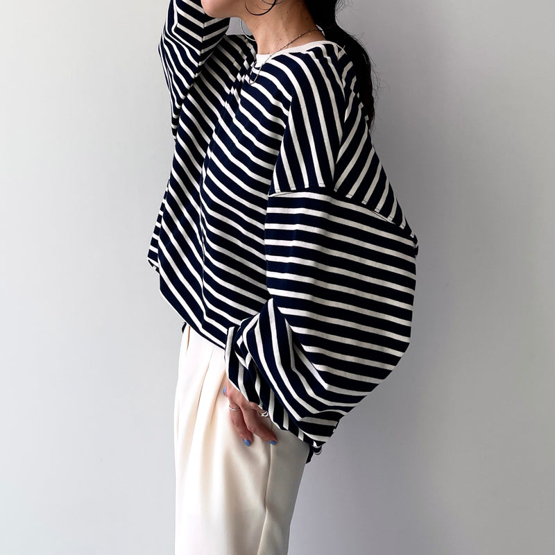 loose silhouette border long sleeve tee / navy × ivory（ルーズ