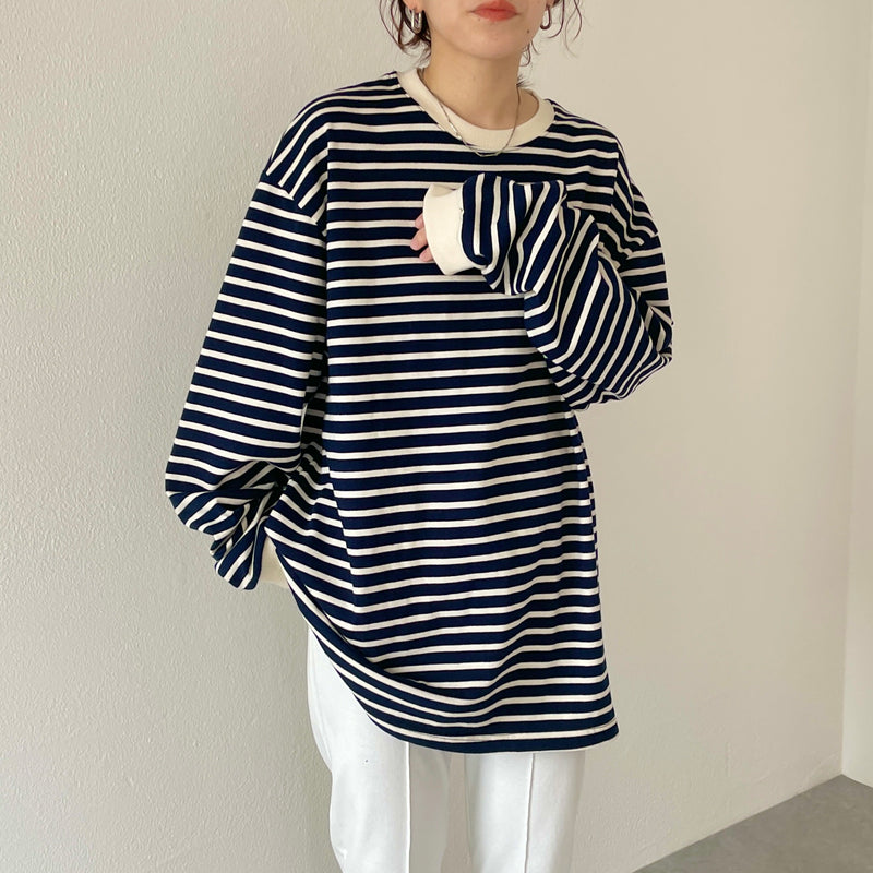 loose silhouette border long sleeve tee / navy × ivory（ルーズ 