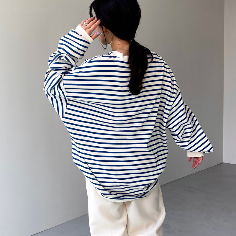 loose silhouette border long sleeve tee / ivory × blue