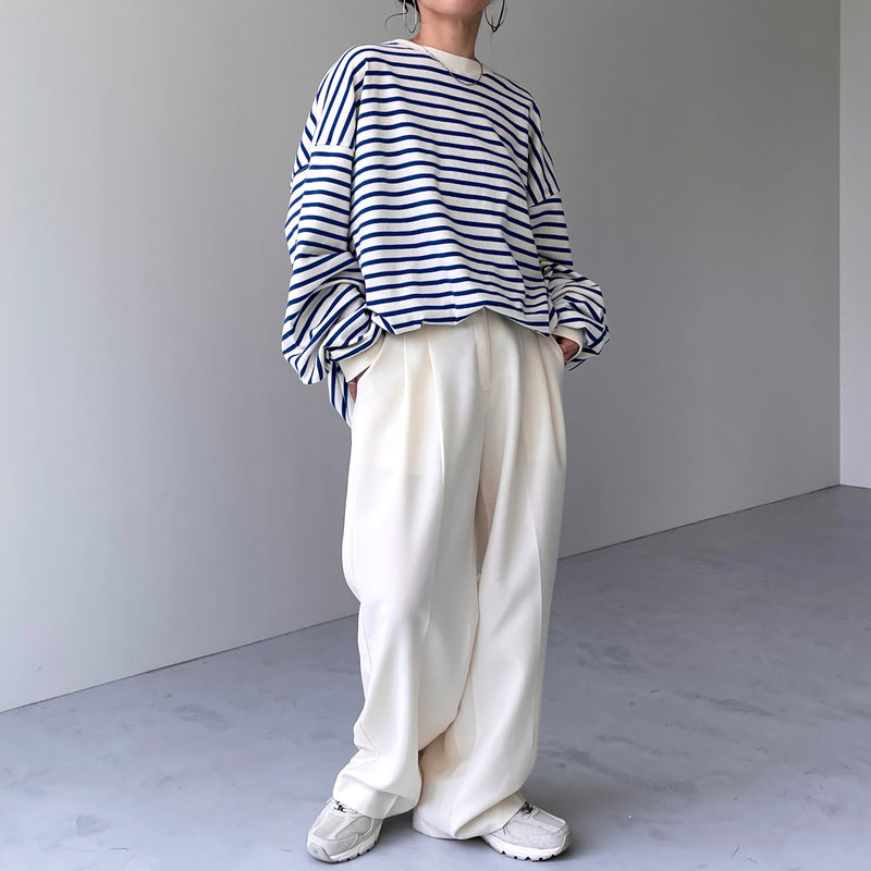 loose silhouette border long sleeve tee / ivory × blue