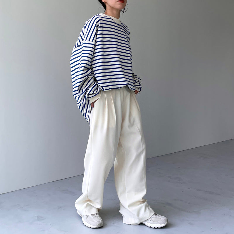 loose silhouette border long sleeve tee / ivory × blue