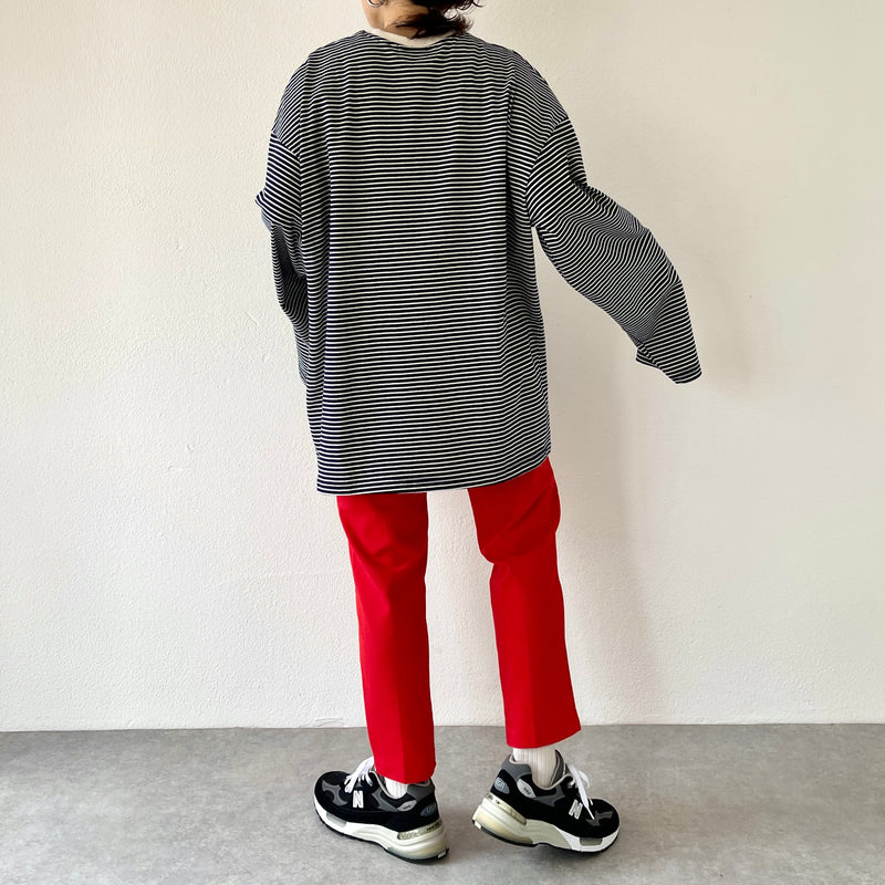 SEESEE ネイビー ボーダーロンT セール】CREW NECK DRAW CORD BORDER LONG TEE / クルーネック