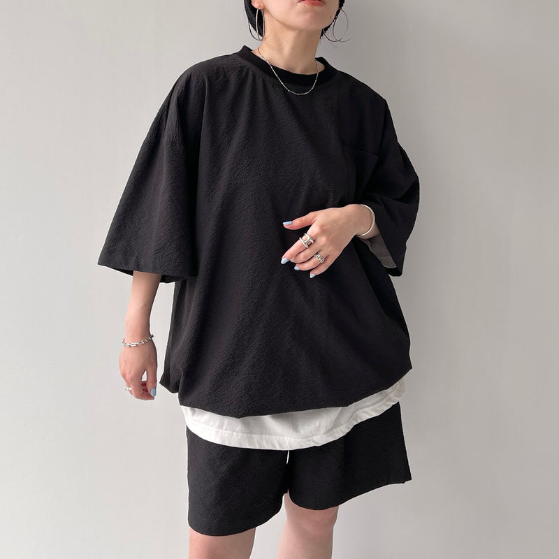 アラインメッド 姿勢矯正シャツ 無地 半袖 フロントジップ M 黒 ナイロン loose silhouette seersucker relax tee / black（ルーズシルエット