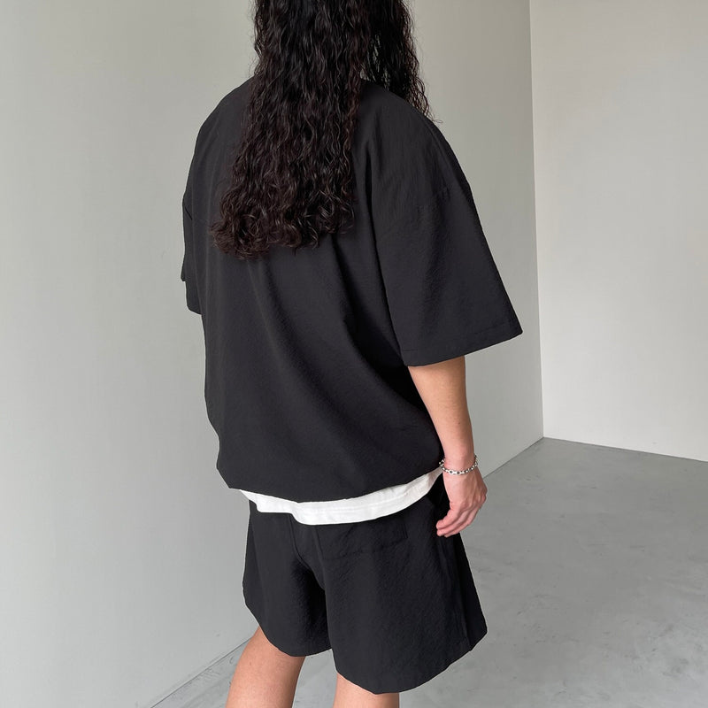 loose silhouette seersucker relax tee / black（ルーズシルエット