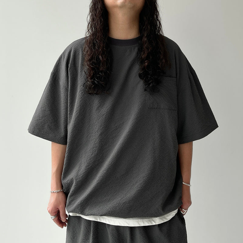 ☆アラインメッド 姿勢矯正シャツ 無地 半袖 フロントジップ M 黒 ナイロン loose silhouette seersucker relax tee / charcoal（ルーズシルエット