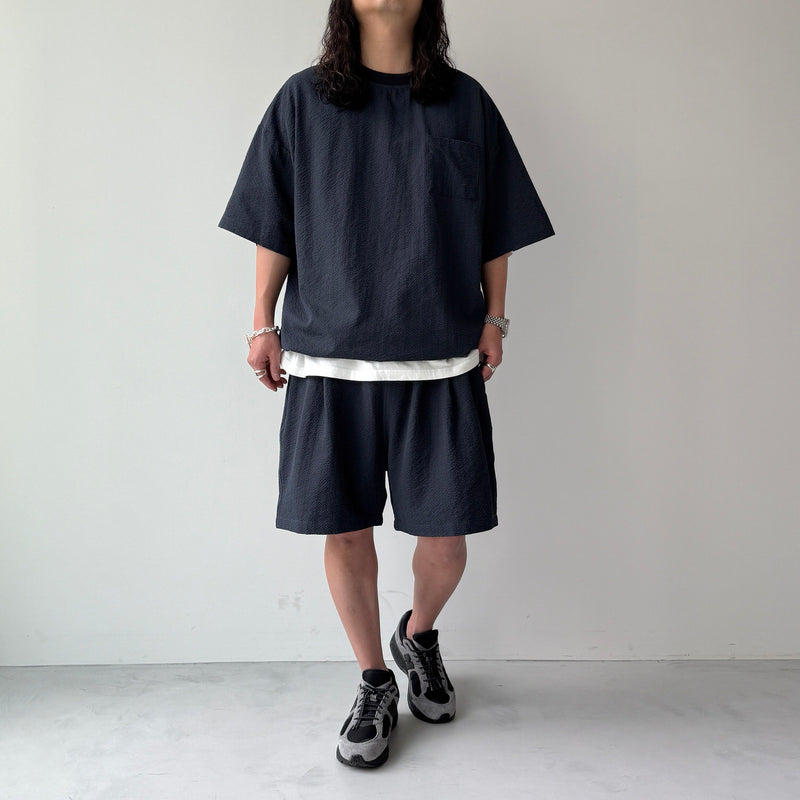 loose silhouette seersucker relax tee / navy（ルーズシルエット