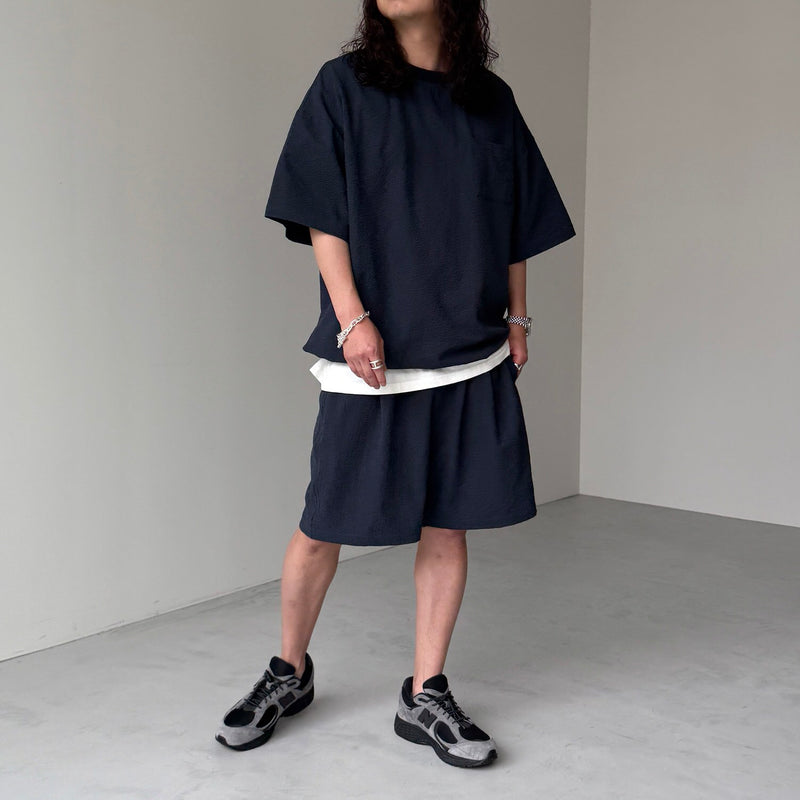 loose silhouette seersucker relax tee / navy（ルーズシルエット