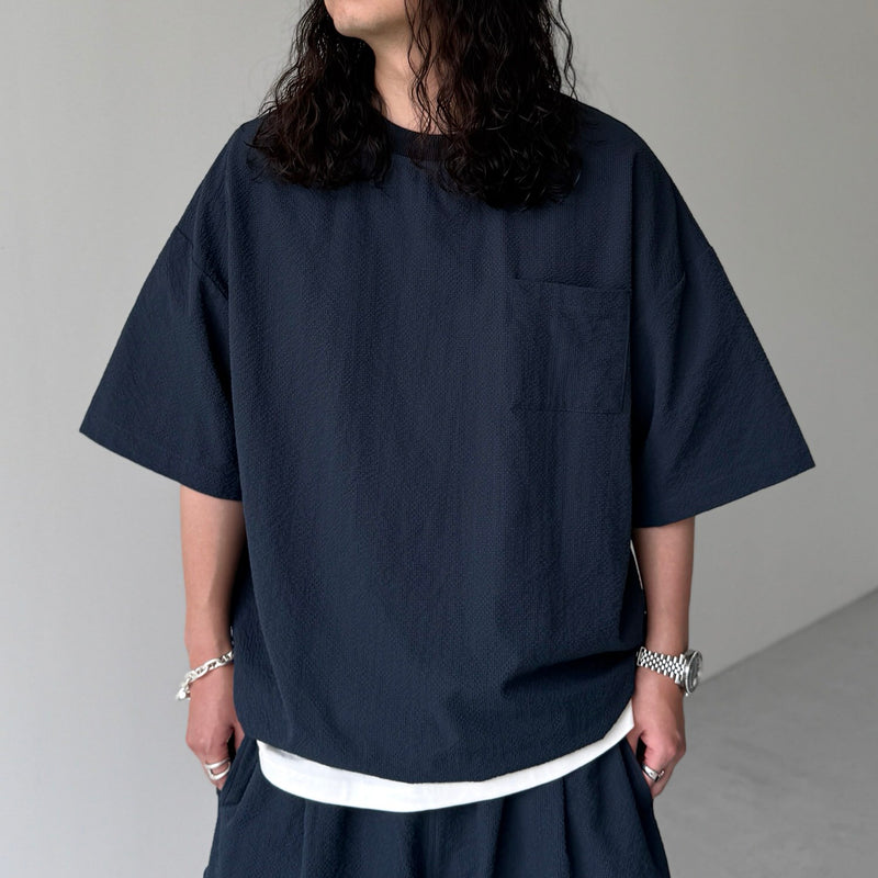 loose silhouette seersucker relax tee / navy（ルーズシルエット