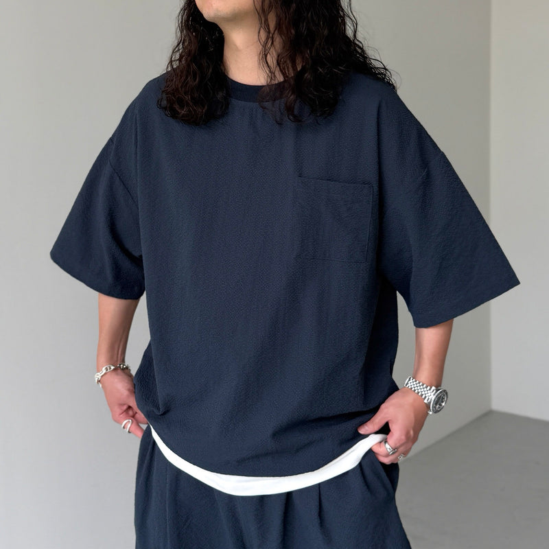 ゆるページ loose silhouette seersucker relax tee / navy（ルーズシルエット