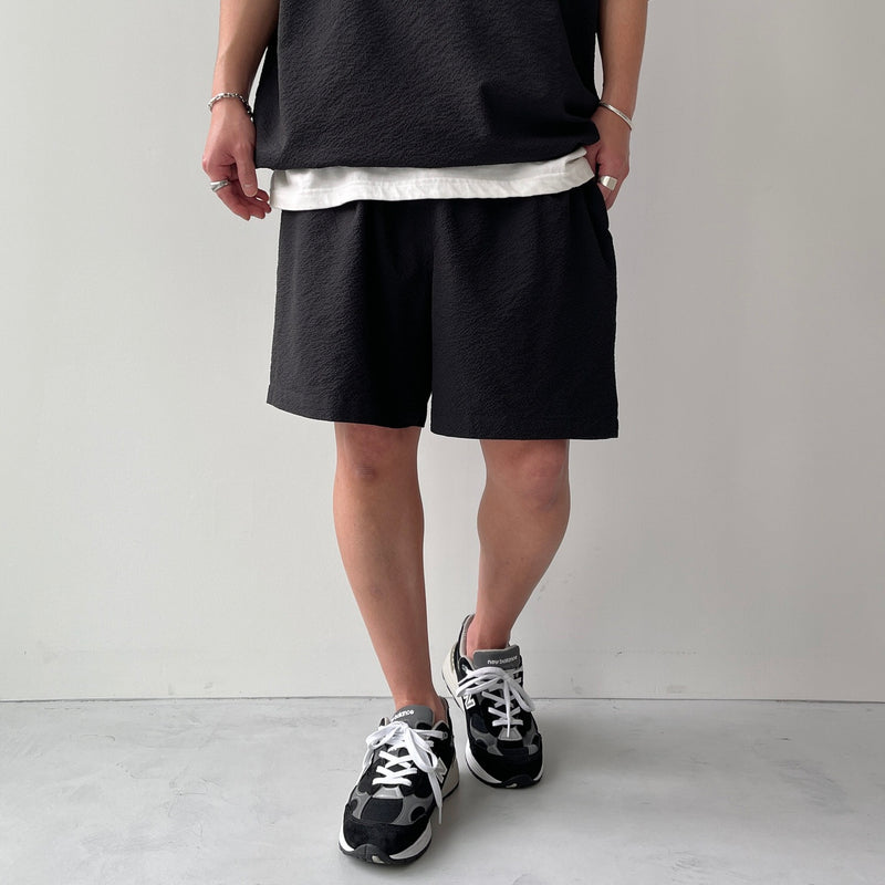 JILTU frill sweat short pantsブラック loose silhouette seersucker relax shorts / black（ルーズ