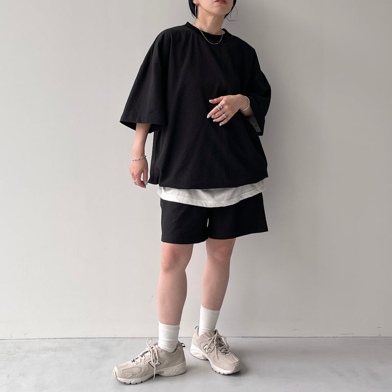 Optstuff CREW SHORTS ブラックLサイズ loose silhouette seersucker relax shorts / black（ルーズシルエット